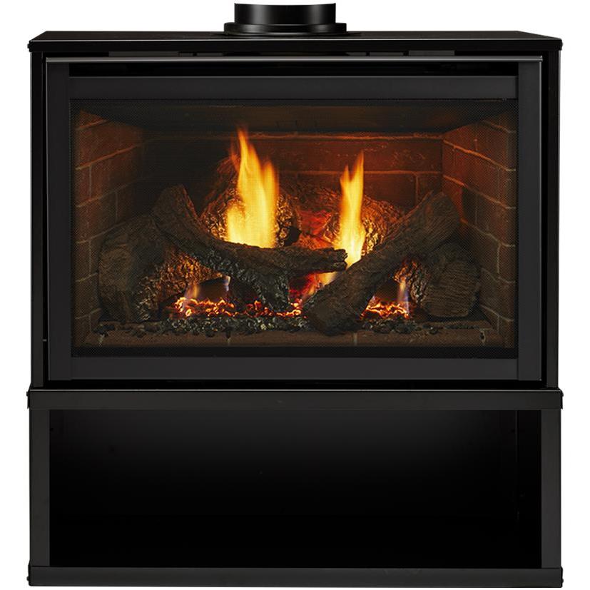 Freestanding gas fireplace with vivid flames through split logs and glowing embers.. Official series image; size, front and optional finishes may differ from the quoted configuration.