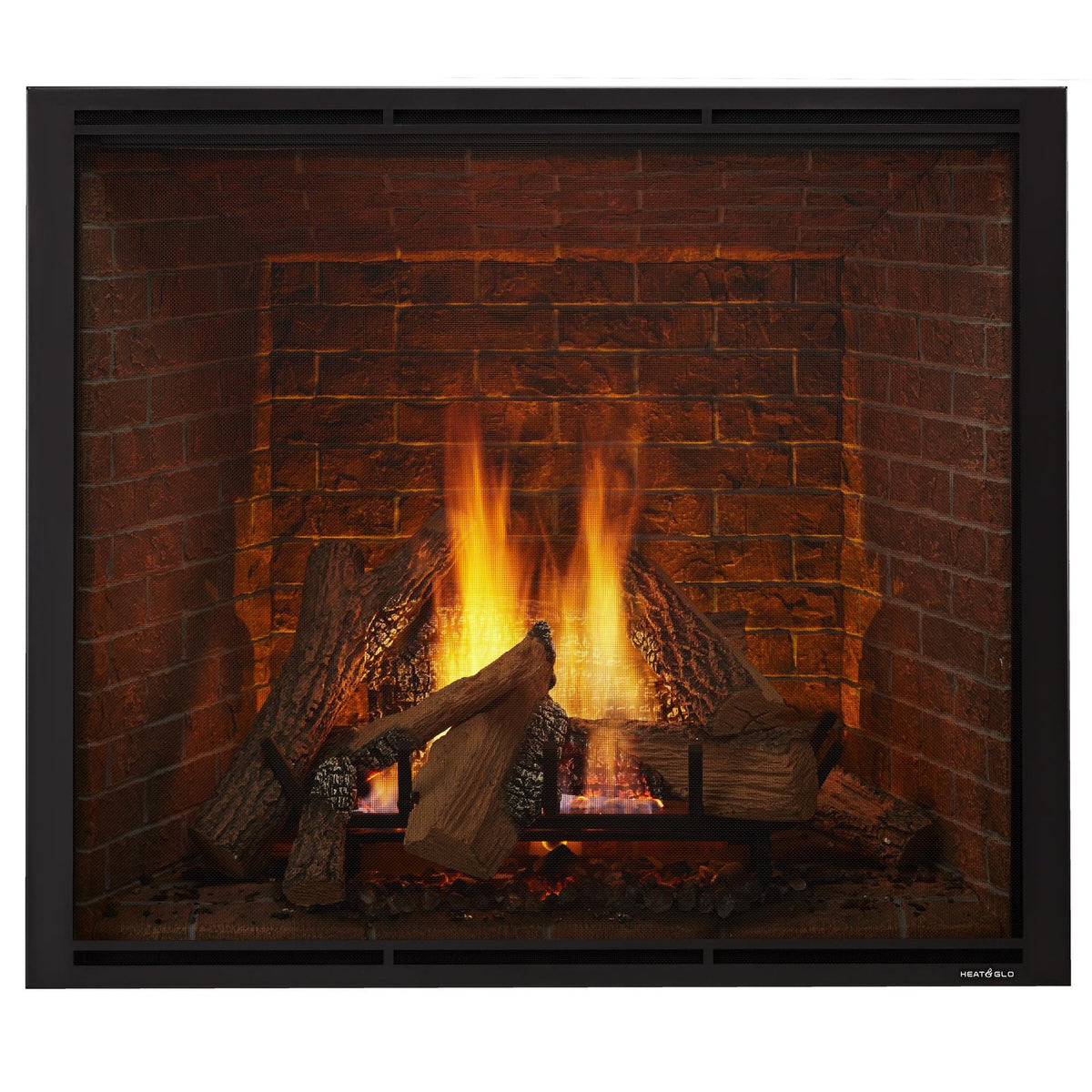 Heat & Glo True indoor gas fireplace with firescreen front, natural logs, glowing embers and Traditional brick interior. — official True Indoor Gas Fireplace series image; may show a different size and separately selected options