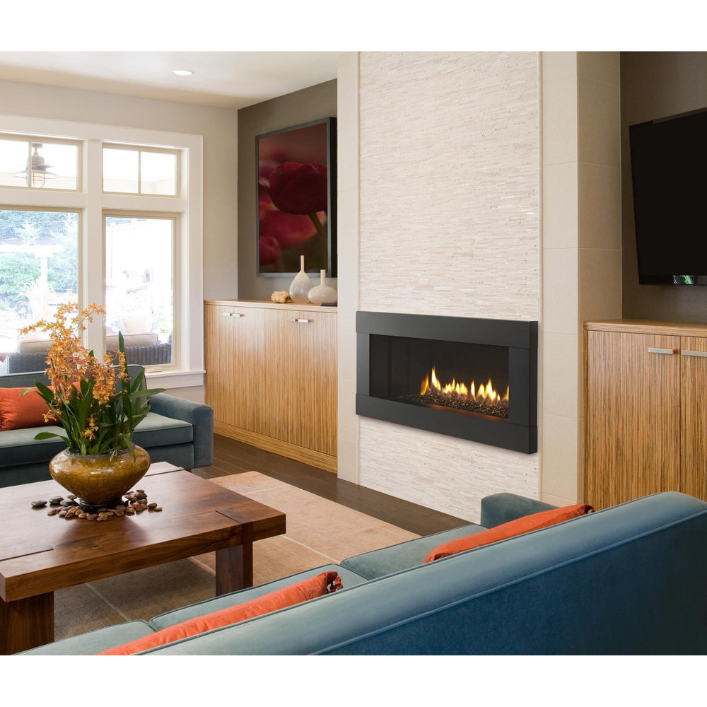 Crave36_room_BlackGlass-ModernFront — official Crave Series Gas Fireplace series image; may show a different size and separately selected options