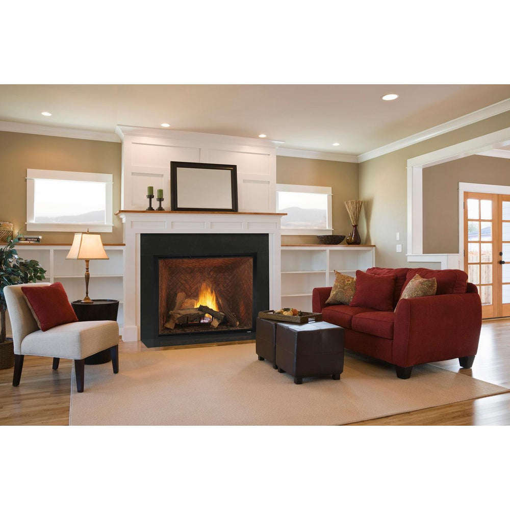 Living room with fireplace — official Heirloom Series Gas Fireplace series image; may show a different size and separately selected options