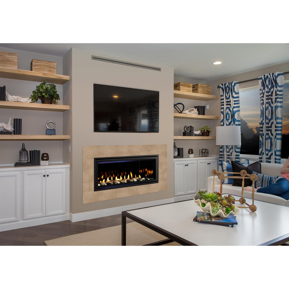 Rave 42 with Thala Beige stone facing — official Rave Series Gas Fireplace series image; may show a different size and separately selected options