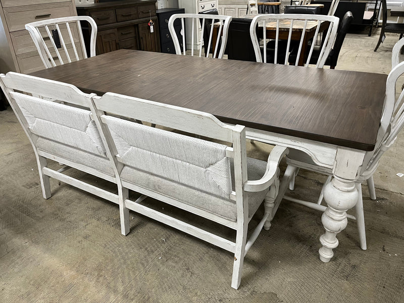 Liberty River Place Rectangular Leg Table w/4 Windsor Back Side Chairs & a Bench in Riverstone White & Tobacco-Washburn's Home Furnishings