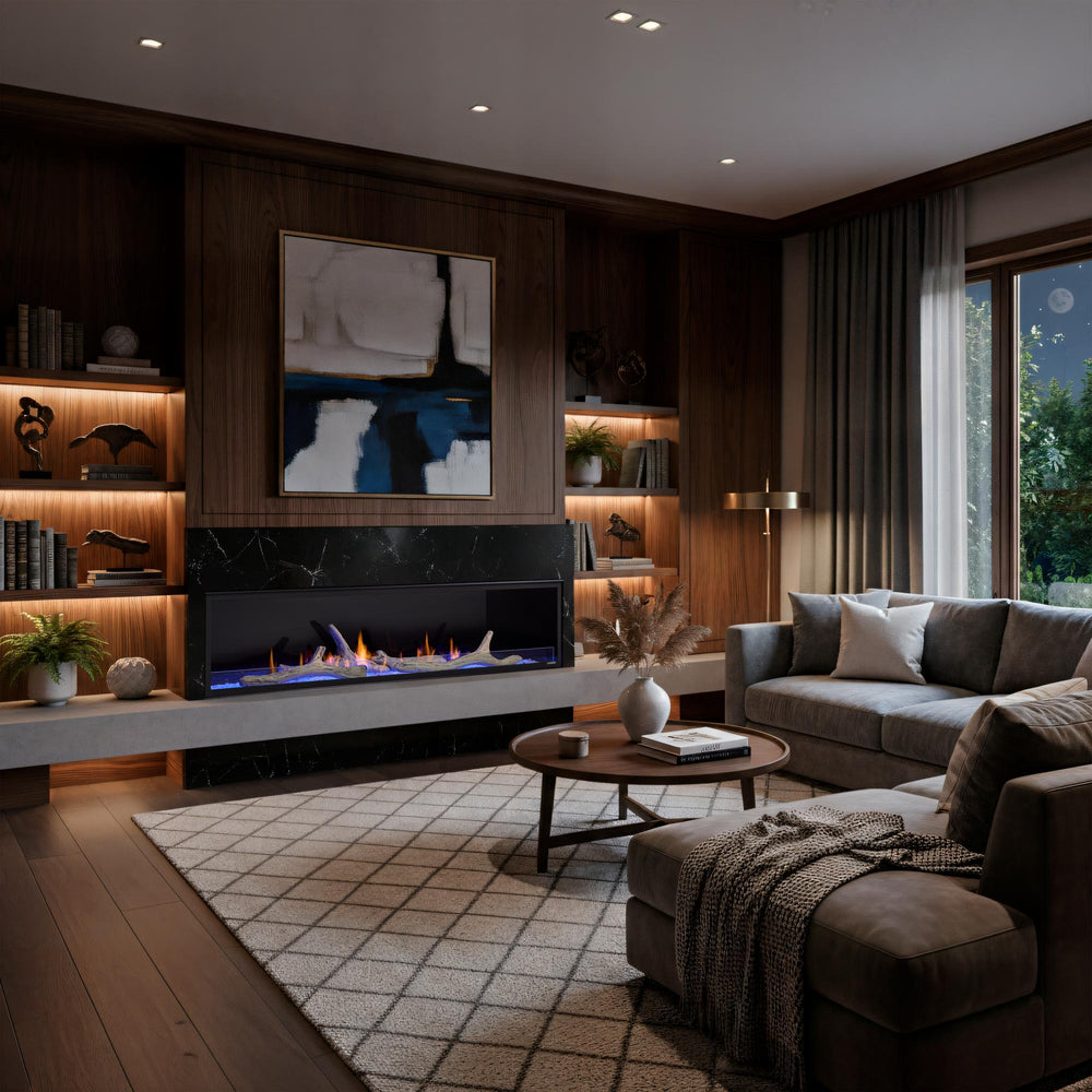 Monessen Artisan 72 inch gas linear fireplace with driftwood logs and black marble surround. Manufacturer series illustration; shown size, accessories and room finishing may differ from the quoted configuration.