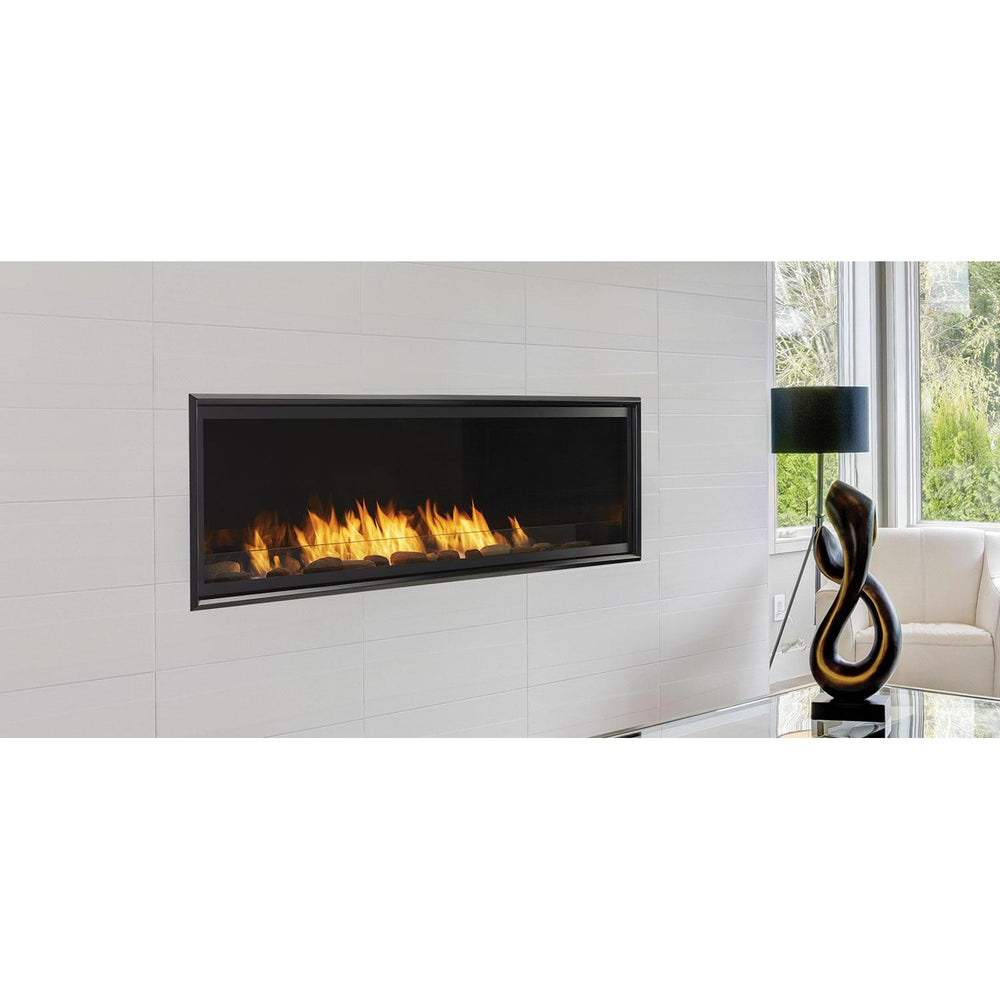 Artisan-Linear-60-in-vent-free-fireplace-in-white-wall-in-modern-living-room-with-views-to-outdoor-patio. Manufacturer series illustration; shown size, accessories and room finishing may differ from the quoted configuration.