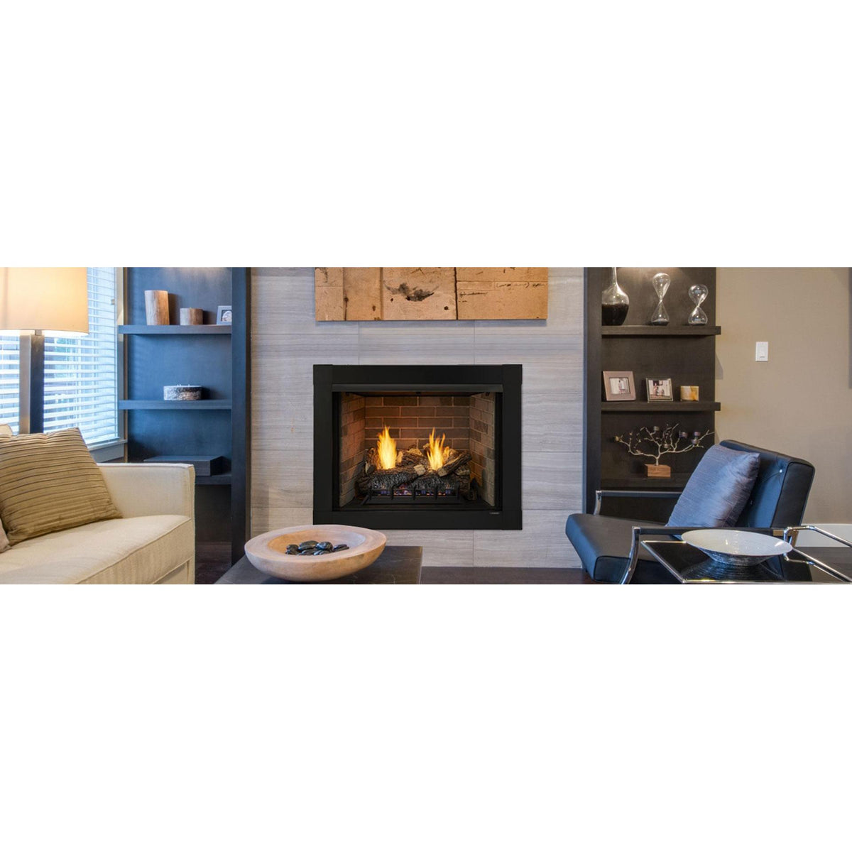 Attribute 36 series installation shown to illustrate the Attribute style; this listing is for 32 inches. Gas logs, burner, front and room finish are separate.
