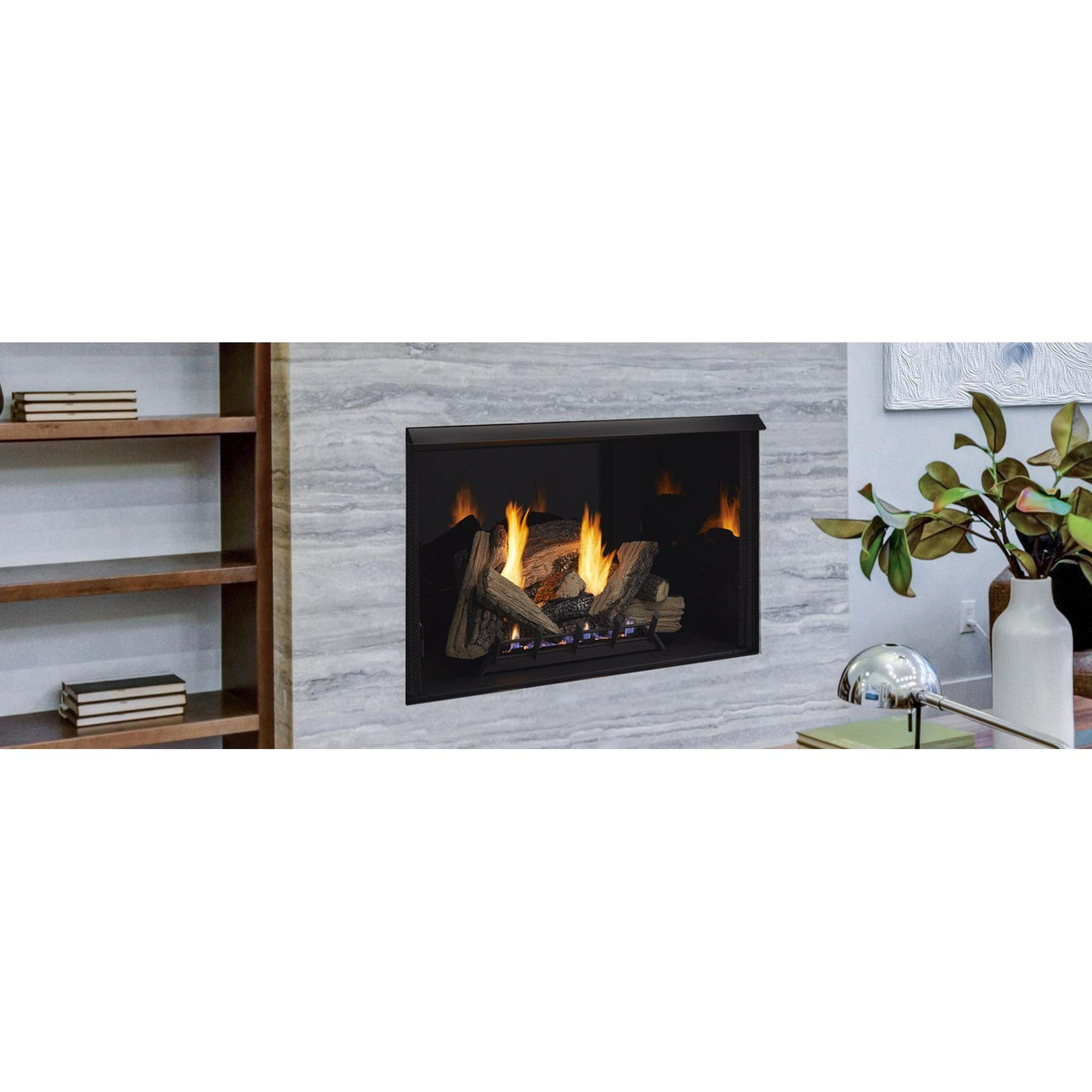 Attribute 42 series illustration: Contemporary living room with high ceiling, tall stone-slab fireplace and reflective black glass interior panels. ; exact pictured size may differ, and gas logs, burner, accessories and finishes are separate.