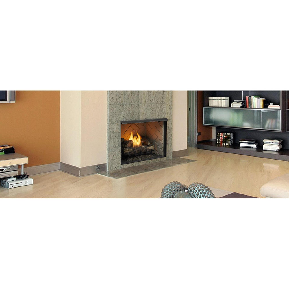 Exacta 36 series illustration: Exacta web imageRoomy, contemporary loft space with shelving on one side, architectural furnishings, and stone tile fireplace. ; exact pictured size may differ, and gas logs, burner, accessories and finishes are separate.
