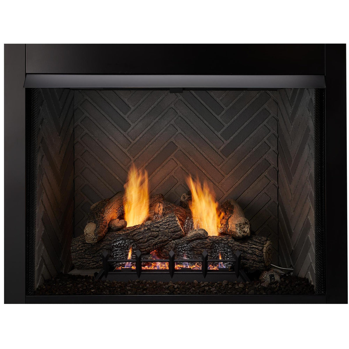 Lo-Rider 42 series illustration: Lo-Rider with Berkley Oak logs, Herringbone interior Unit Only SO; exact pictured size may differ, and gas logs, burner, accessories and finishes are separate.
