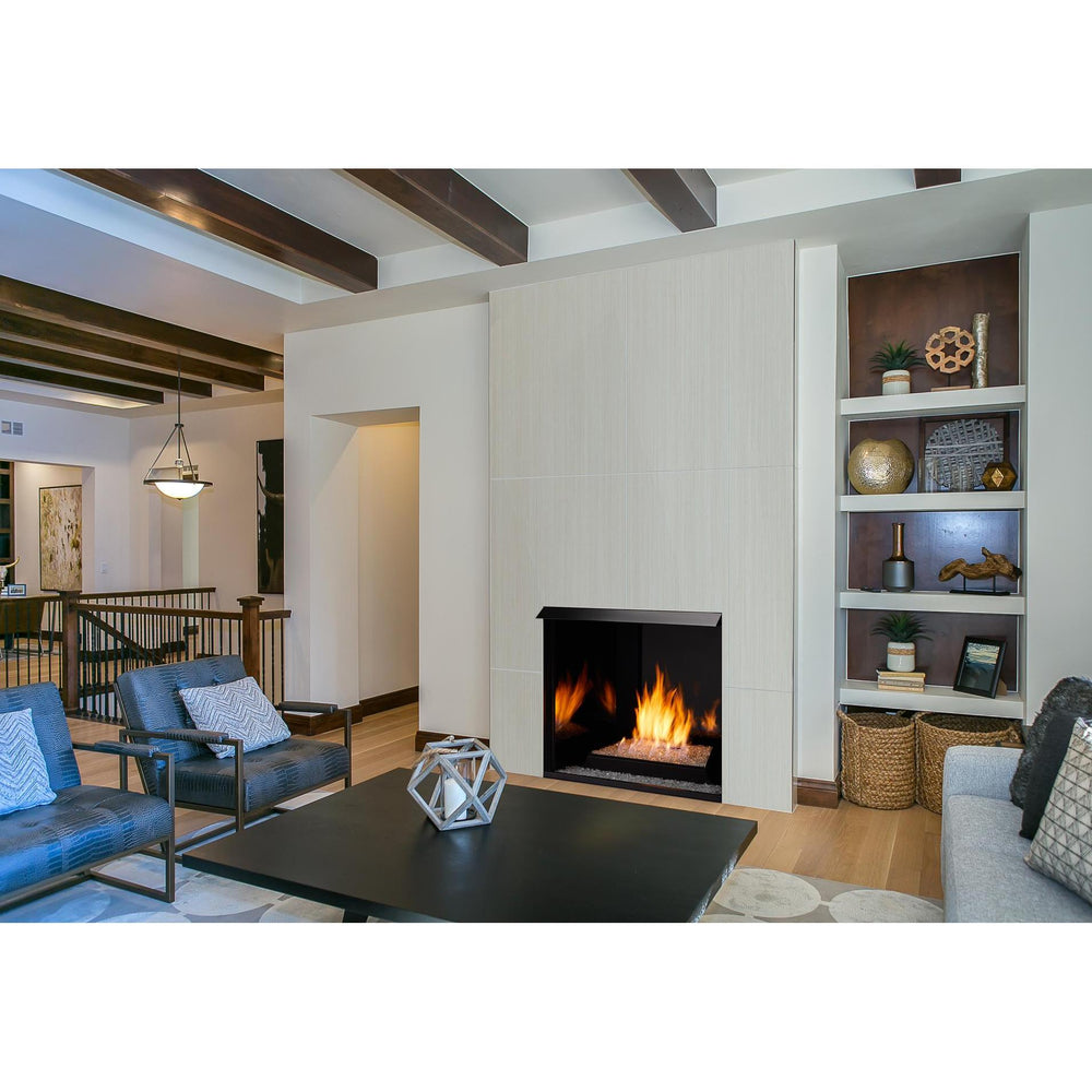 Monessen Lyric 24 Contemporary Gas Burner — Lyric burner in Lo-Rider box in room scene; enclosure and optional accessories may be separate