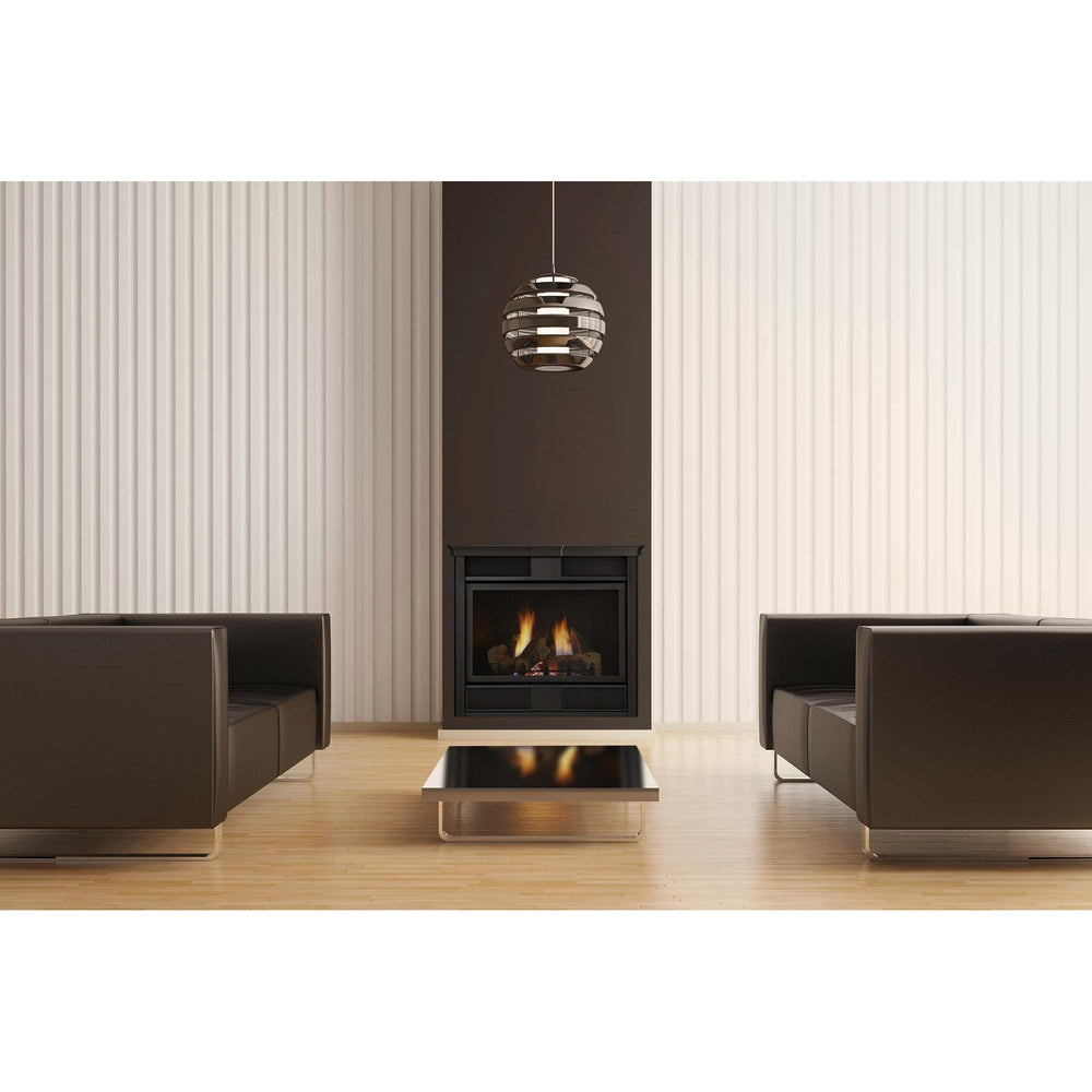 Interior with fireplace and two black sofas 3d render. Manufacturer series illustration; shown size, accessories and room finishing may differ from the quoted configuration.
