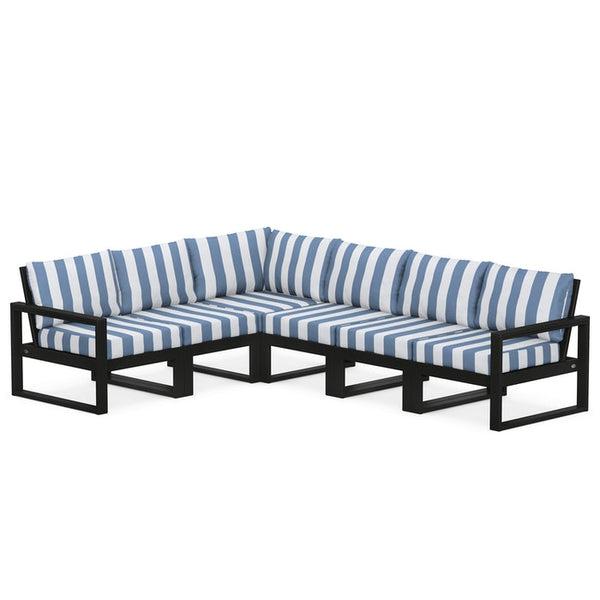 Polywood Edge 6-piece Modular Deep Seating Set in Black w/Cabana Stripe Sky Blue Cushions-Washburn's Home Furnishings