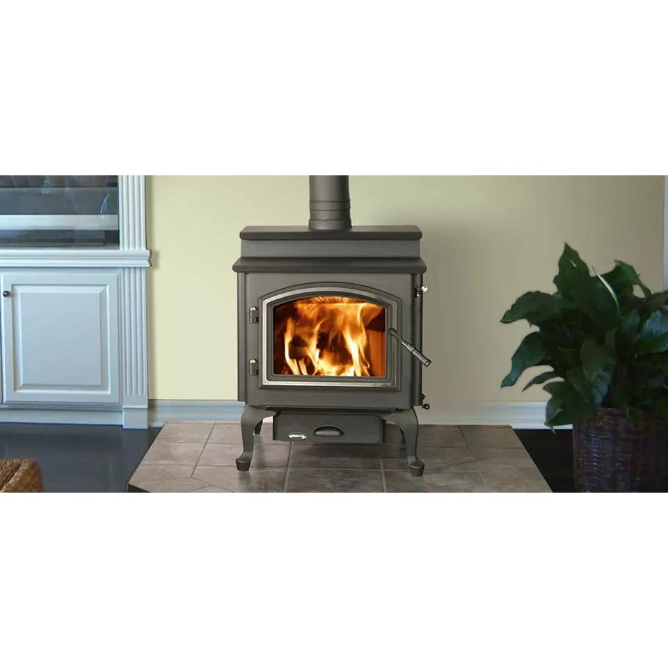 Quadra-Fire 4300 Step Top stove shown with satin nickel Queen Anne legs, an optional base choice