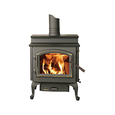 Quadra-Fire 4300 Step Top wood stove with fire; displayed base and door may be optional