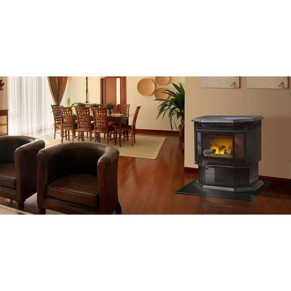 Quadra-Fire Classic Bay 1200 pellet stove; pictured venting, accessories and room finishes may be separate