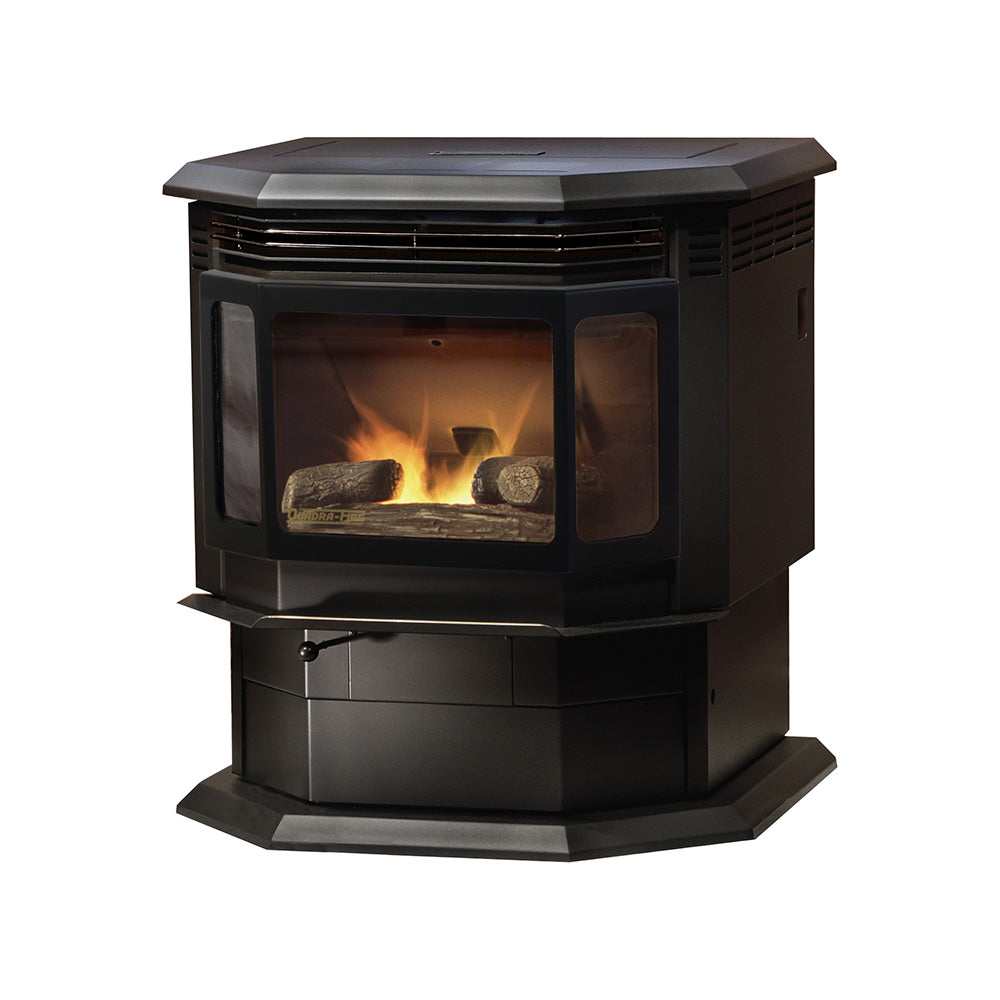 Quadra-Fire Classic Bay 1200 pellet stove; pictured venting, accessories and room finishes may be separate