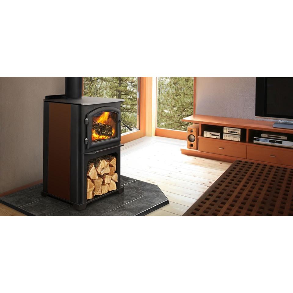 Quadra-Fire Discovery II in a finished room; decorative side treatment, chimney and surrounding finishes may be separately selected