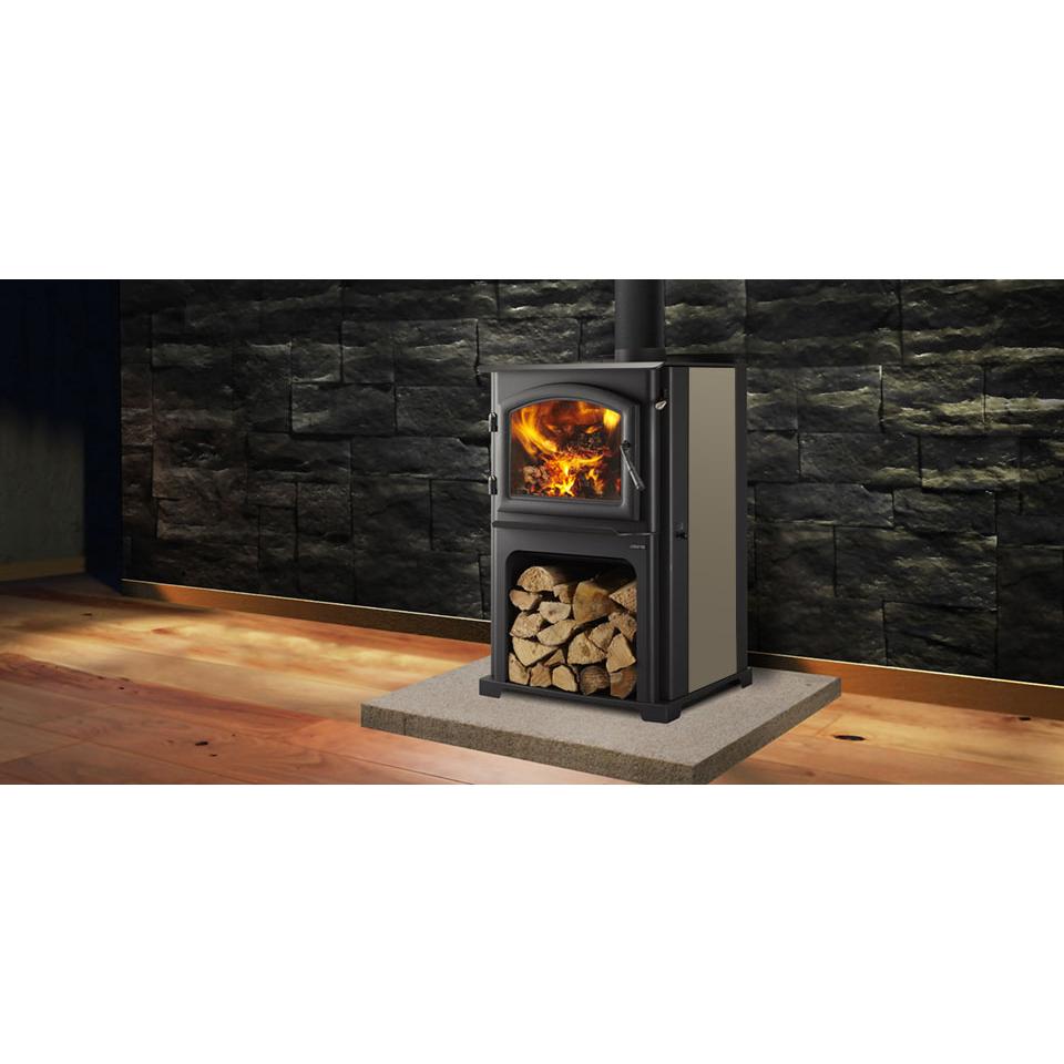 Quadra-Fire Discovery III in a finished room; decorative side treatment, chimney and surrounding finishes may be separately selected