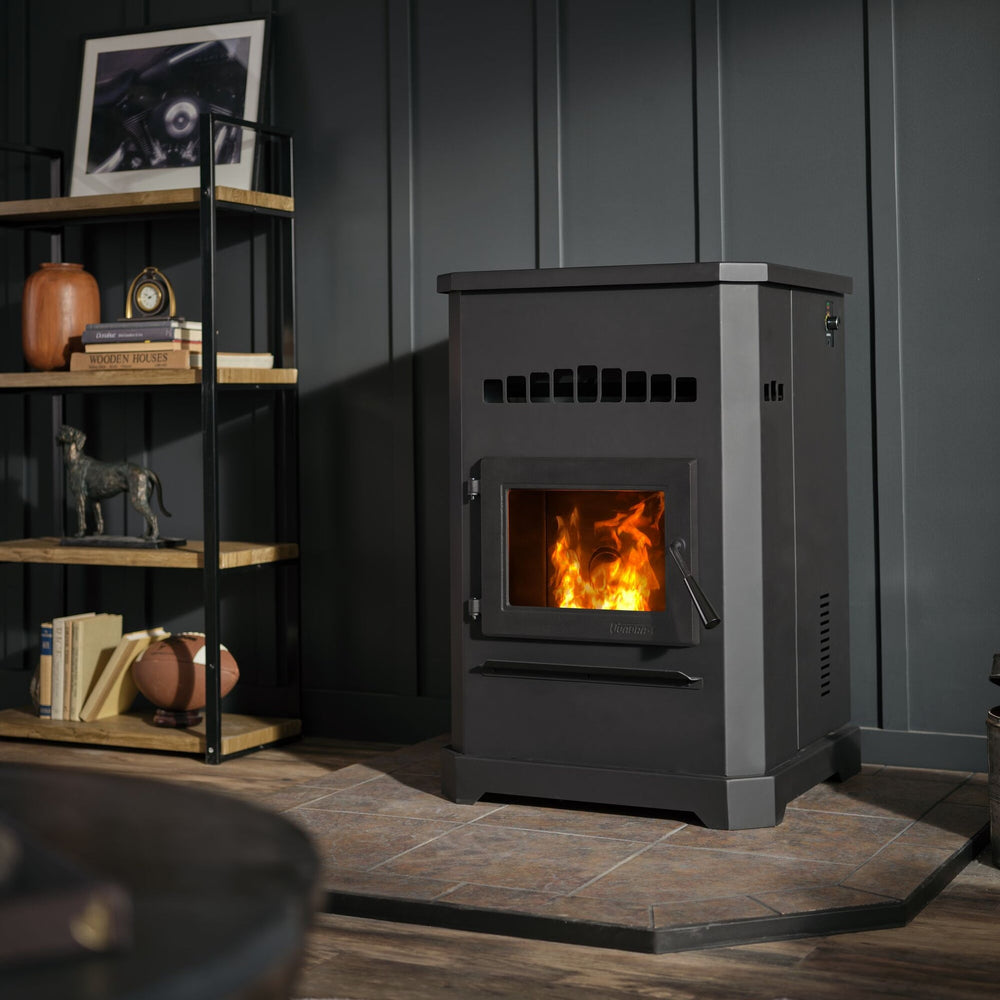 Quadra-Fire Outfitter II pellet stove; pictured venting, accessories and room finishes may be separate