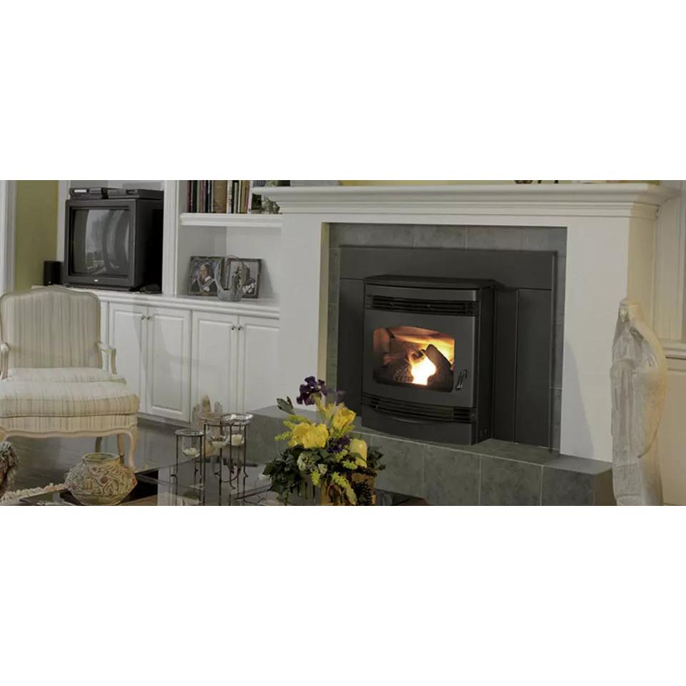 Quadra-Fire Santa Fe Pellet Insert manufacturer lifestyle image; pictured finish or accessories may be optional