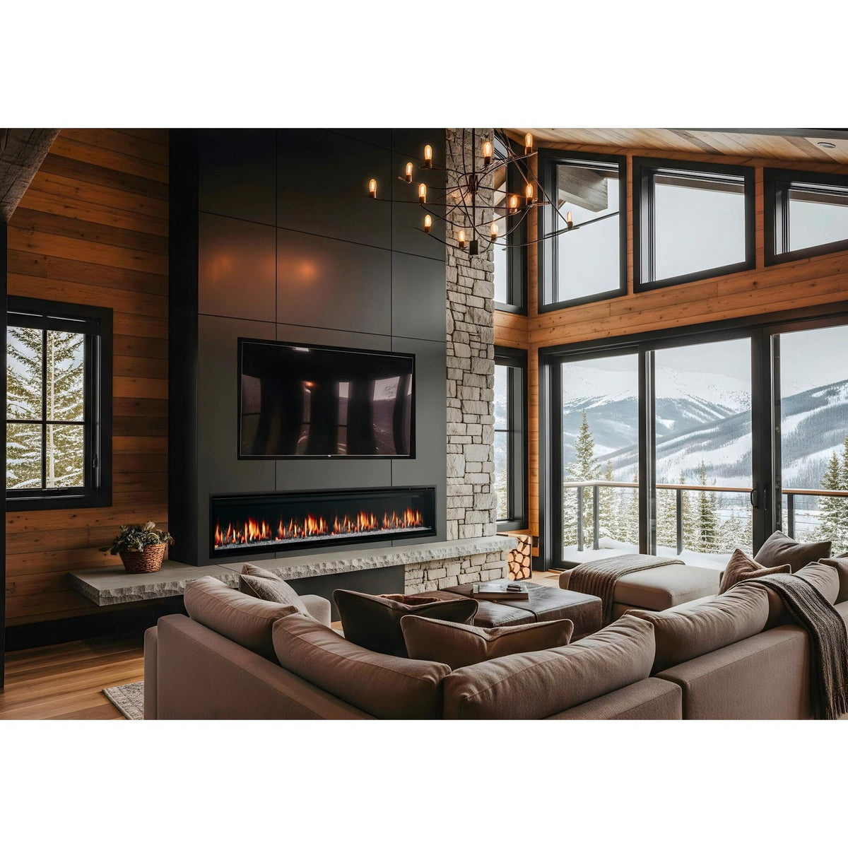 SimpliFire Allusion Edge 100: SimpliFire Allusion Edge 100 inch unit installed in a luxury cabin with mountain view outside large windows; optional media, kit and room finishes may be shown