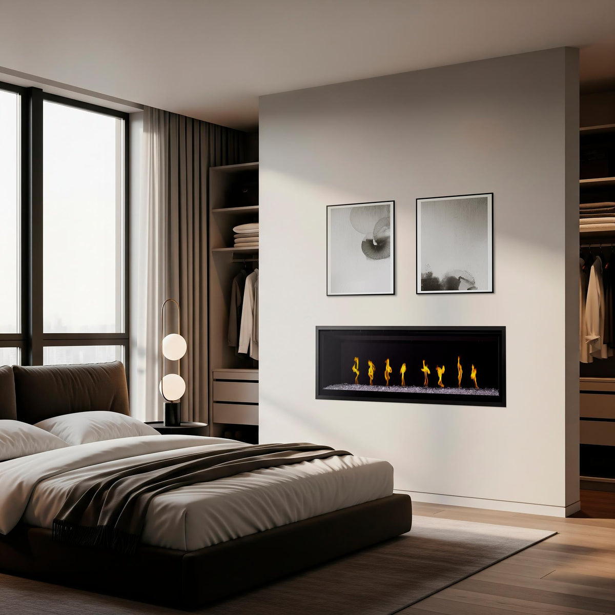 SimpliFire Allusion Edge 60: SimpiFire Allusion Edge 60 inch electric fireplace installed in a modern bedroom.; optional media, kit and room finishes may be shown