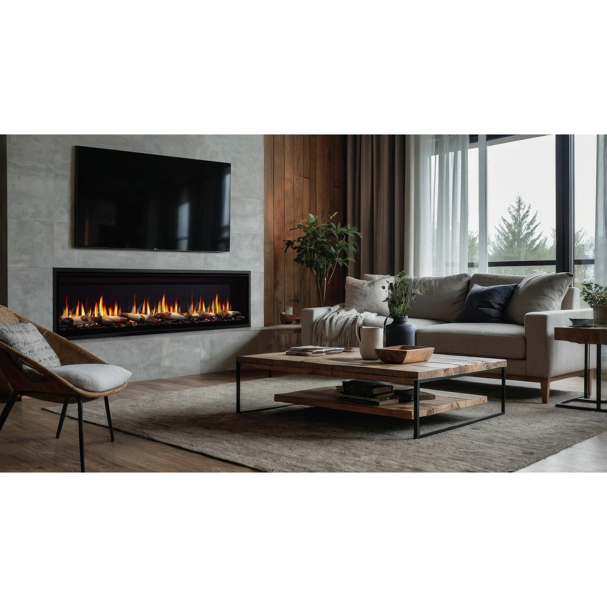 SimpliFire Allusion Edge 78: Fireplace against white sofa and rustic wooden coffee table. Scandinavian style home interior design of modern living room; optional media, kit and room finishes may be shown
