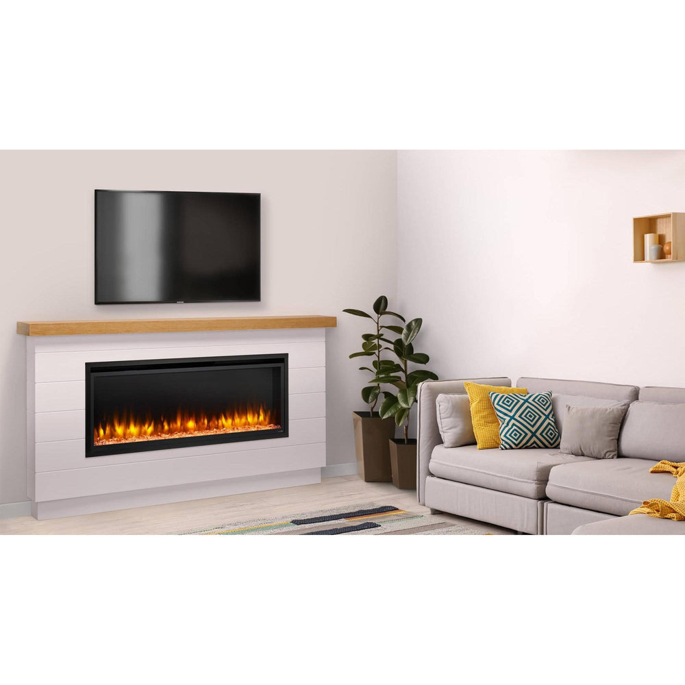 Linear electric fireplace in Farmhouse white shiplap enclosure with wood mantel and TV overhead in living room.; optional equipment and room finishes may be shown and are separate.