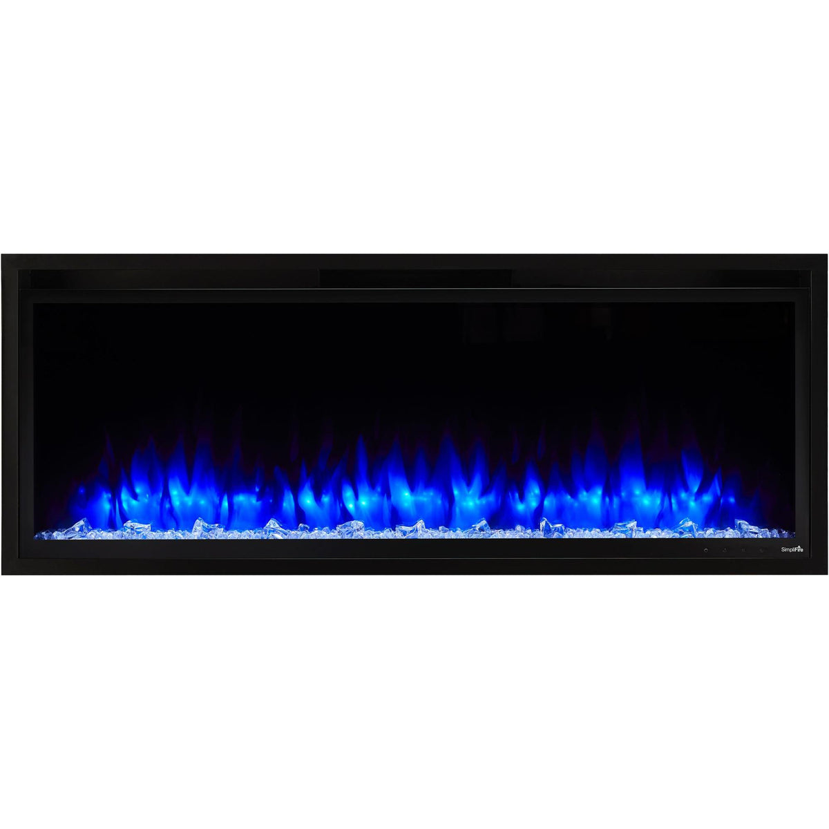 SimpliFire Allusion Platinum 50-inch linear electric fireplace with black frame, clear crystal glass and blue LED flames.; optional equipment and room finishes may be shown and are separate.