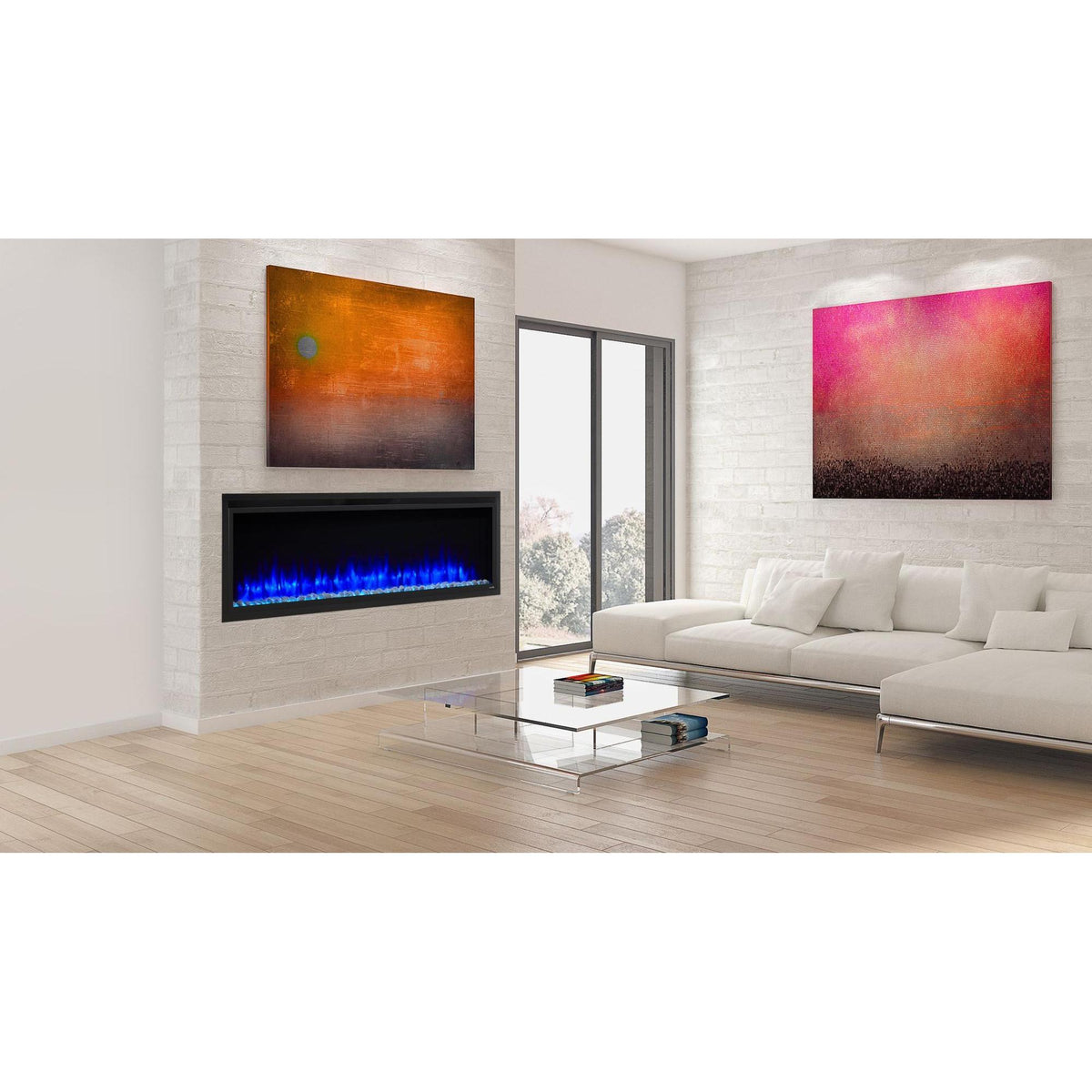 SimpliFire Allusion Platinum 60-inch linear electric fireplace with blue LED flames in modern living room with white décor.; optional equipment and room finishes may be shown and are separate.