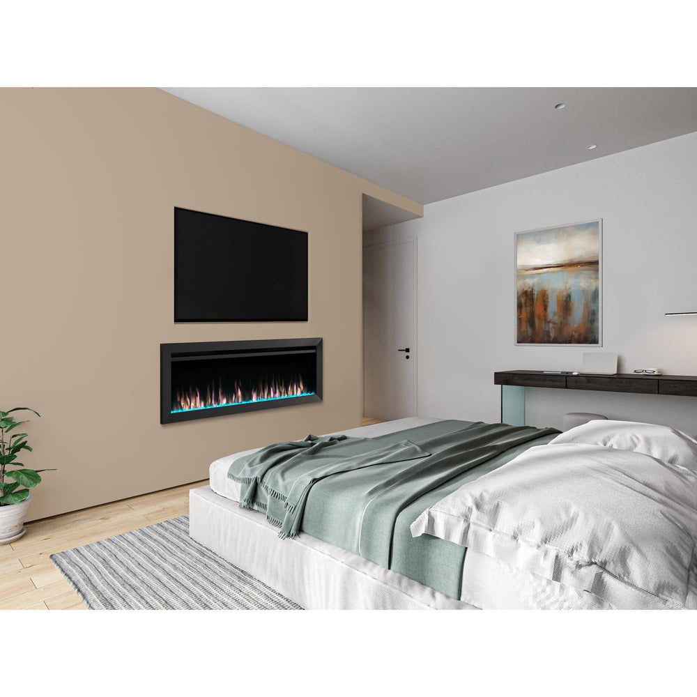 Allusion Slim electric fireplace on bedroom wall mounted below a TV. Surrounding finishes and furnishings are separate.