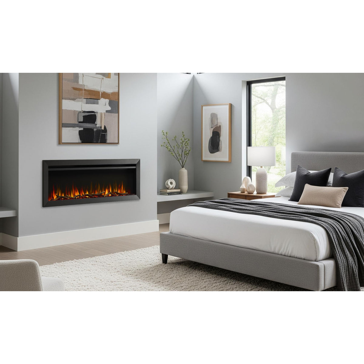 SimpliFire Allusion Slim in bedroom setting. Surrounding finishes and furnishings are separate.