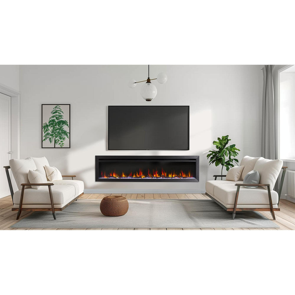 72-inch Allusion Slim electric fireplace in contemporary modern living room mounted below a TV. Surrounding finishes and furnishings are separate.