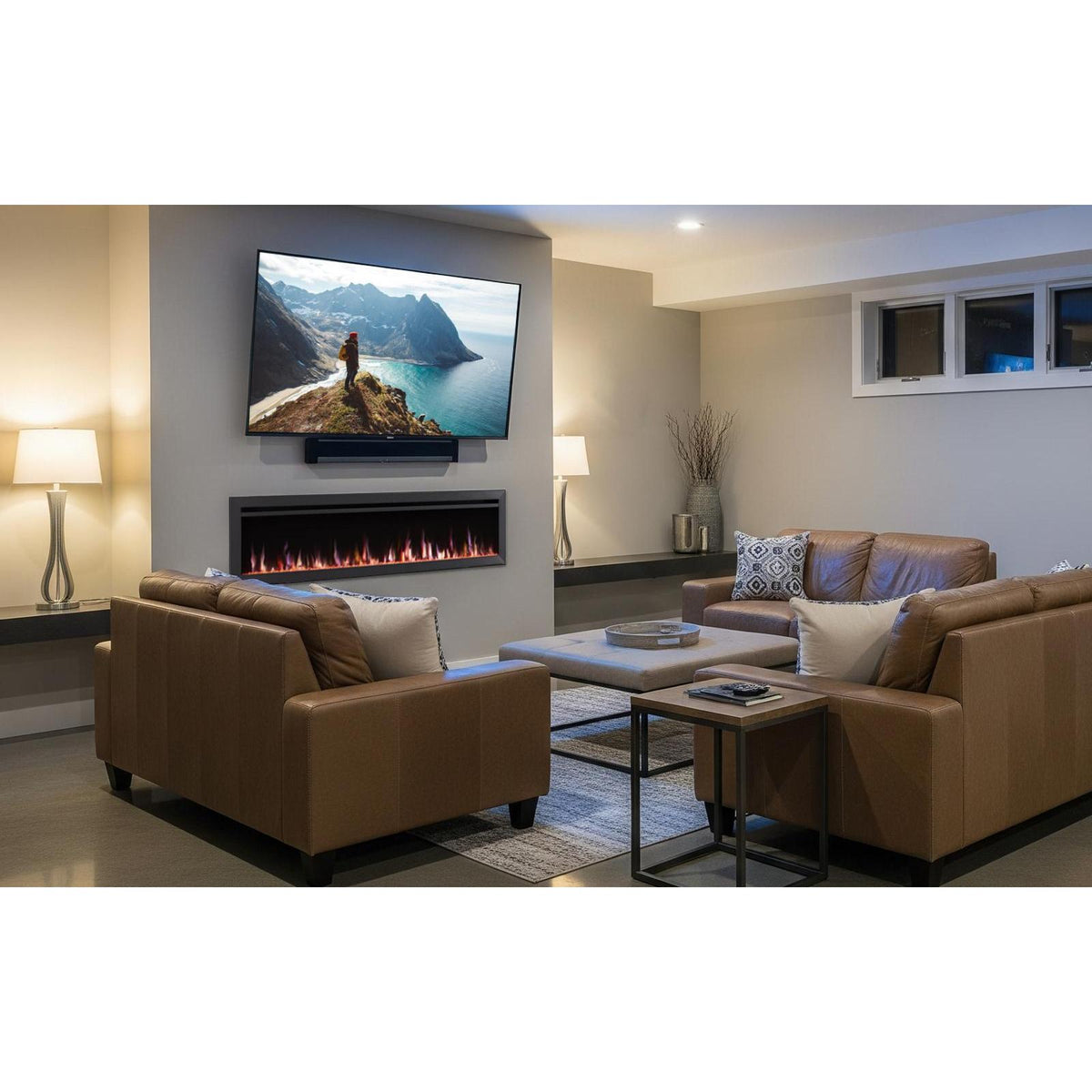 SimpliFire Allusion Slim in basement setting. Surrounding finishes and furnishings are separate.