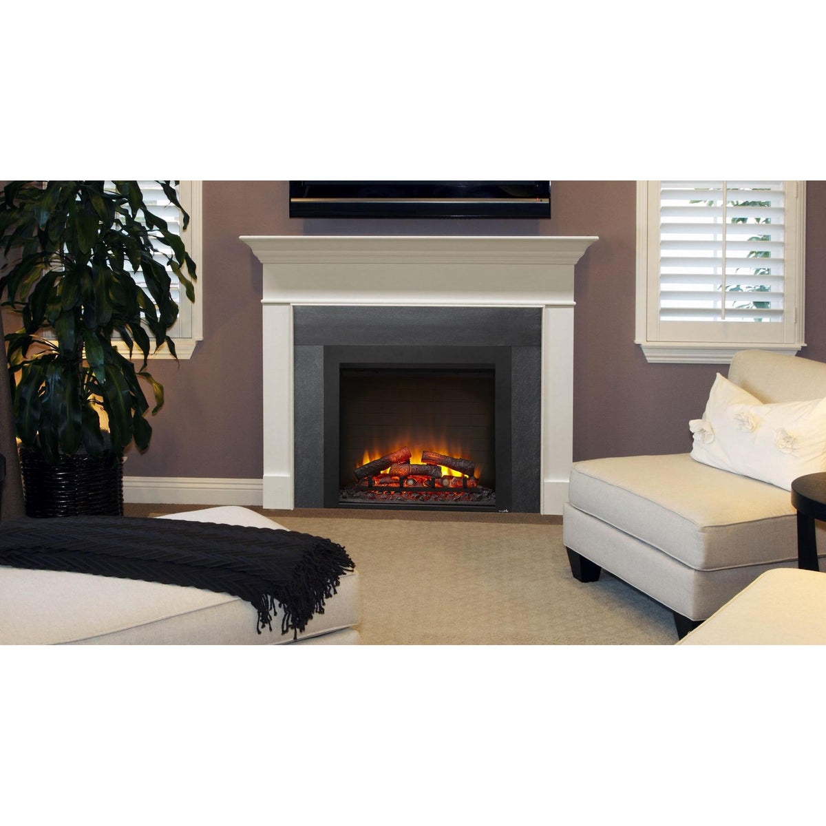 SimpliFire Built-In 30" electric fireplace with orange LED flames, glowing logs and lighted ember bed in living room. Optional room finishes and accessories may be shown.