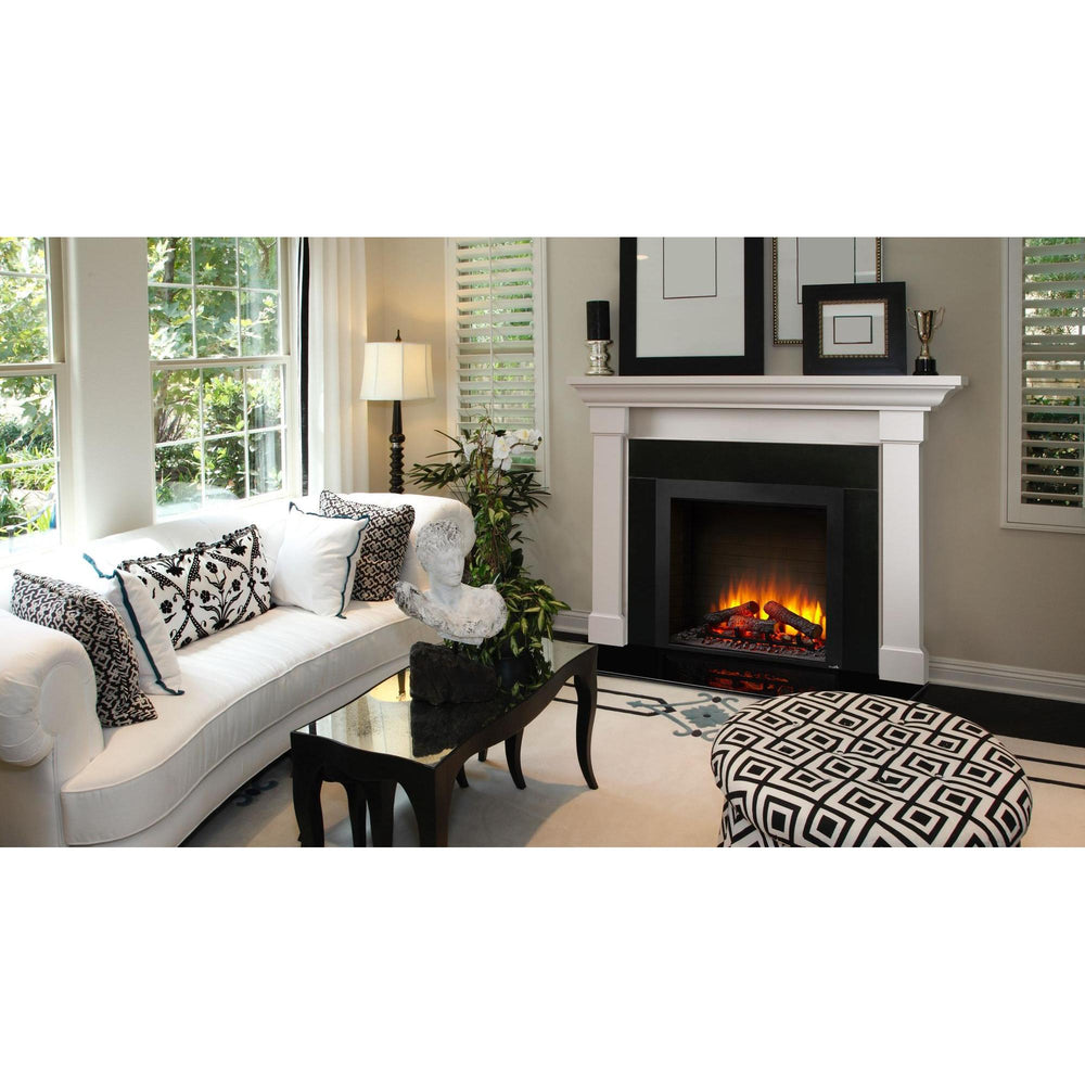 SimpliFire Built-In 36" electric fireplace with orange LED flames, glowing logs and lighted ember bed in living room. Optional room finishes and accessories may be shown.