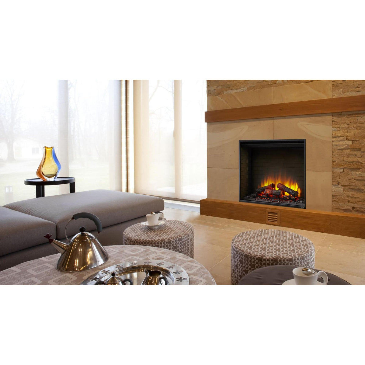 SimpliFire Built-In 36" electric fireplace with orange LED flames, glowing logs and lighted ember bed in living room. Optional room finishes and accessories may be shown.