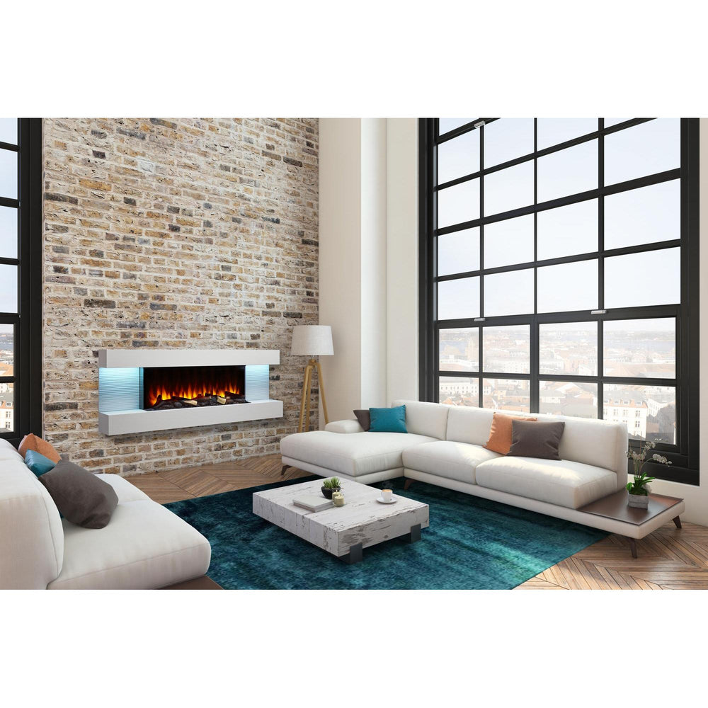 60-inch electric fireplace with floating mantel above and below on worn brick wall in mid-century modern living room. Different required mantel configurations and separately supplied room materials are shown.