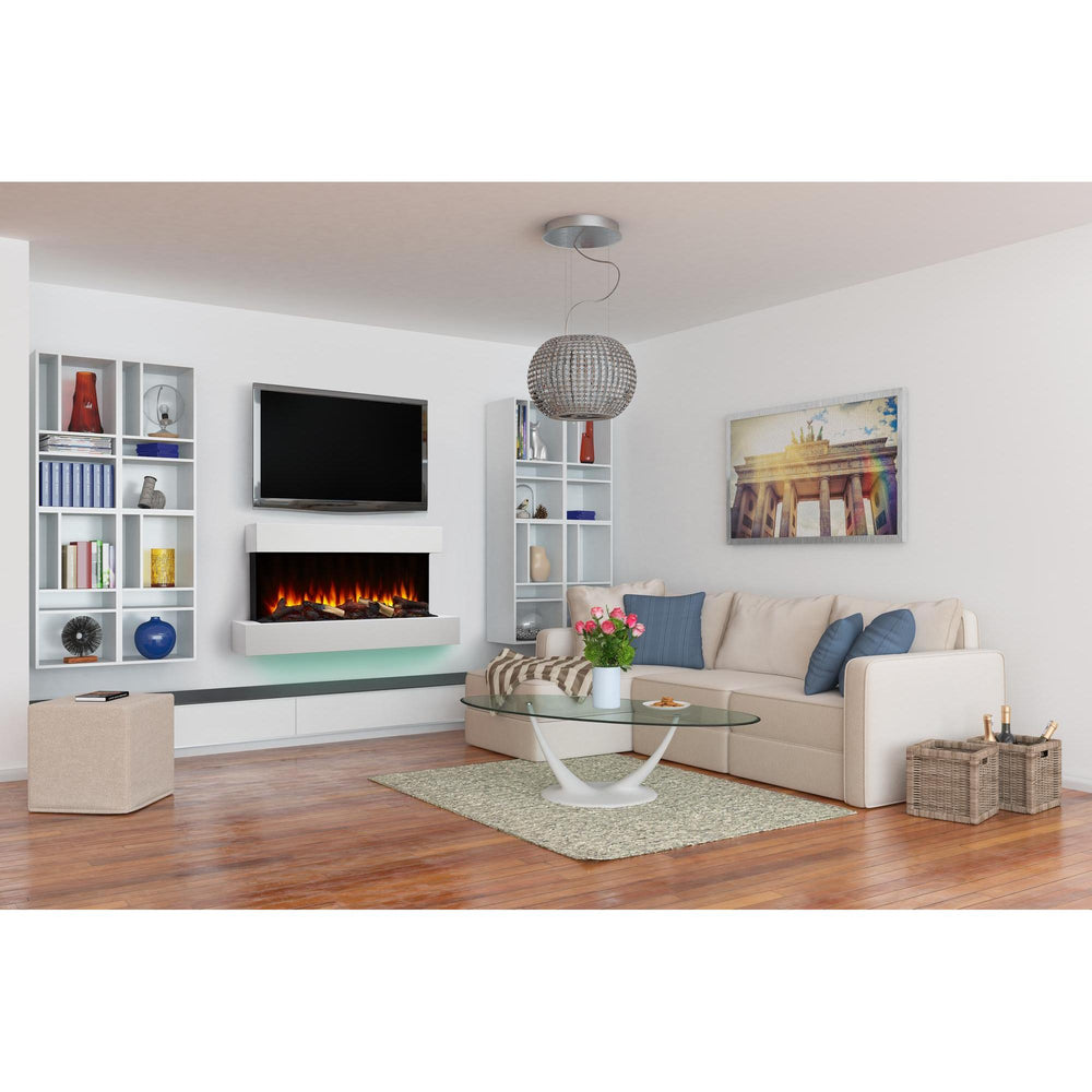 Linear electric fireplace with split logs, orange flame, floating mantel and TV overhead in contemporary living room. Different required mantel configurations and separately supplied room materials are shown.