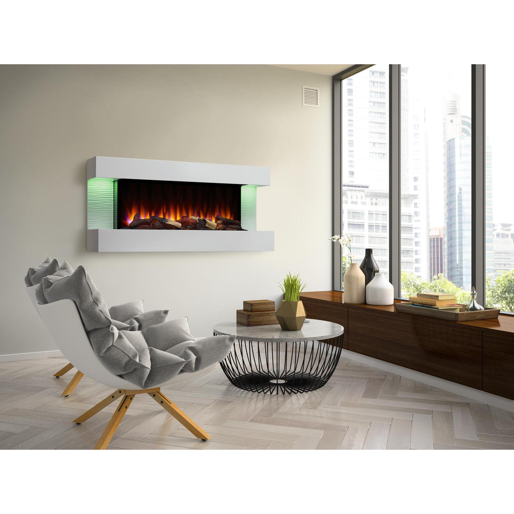 Electric fireplace with floating mantel and accent lighting in minimalist living room with windows overlooking skyscrapers. Different required mantel configurations and separately supplied room materials are shown.