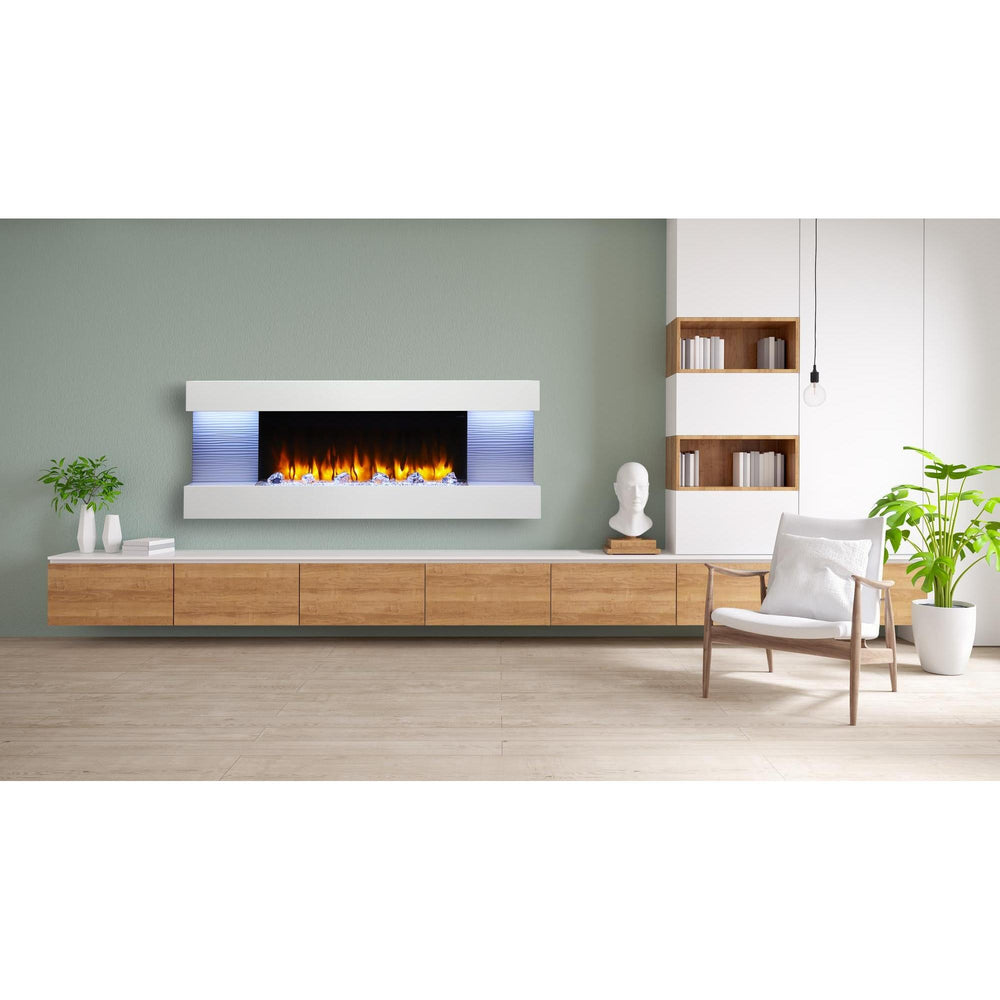 60-inch electric fireplace with floating mantel and blue-lit side panels over linear cabinets in light-tone wood. Different required mantel configurations and separately supplied room materials are shown.