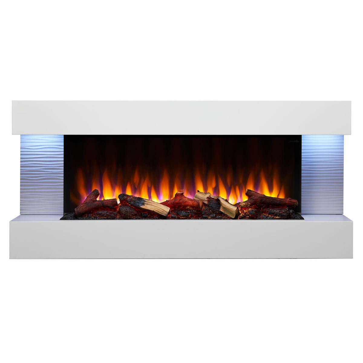 50-inch Format Floating Mantel Fireplace with orange-blue lights, logs Product only Different required mantel configurations and separately supplied room materials are shown.
