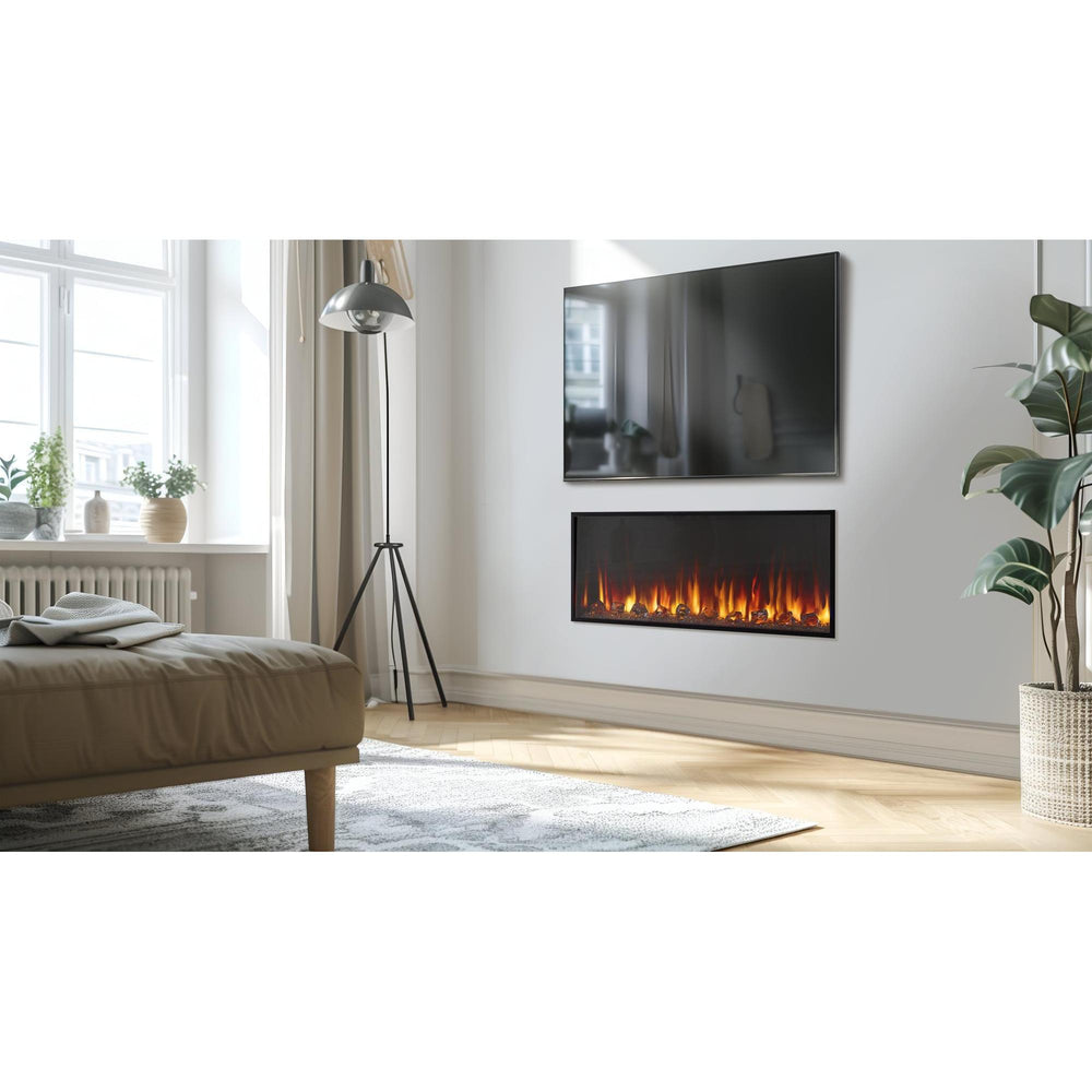Scion 43: SimpliFire 43" linear electric fireplace in a modern apartment; optional accessories and room finishes may be shown and are separately selected.
