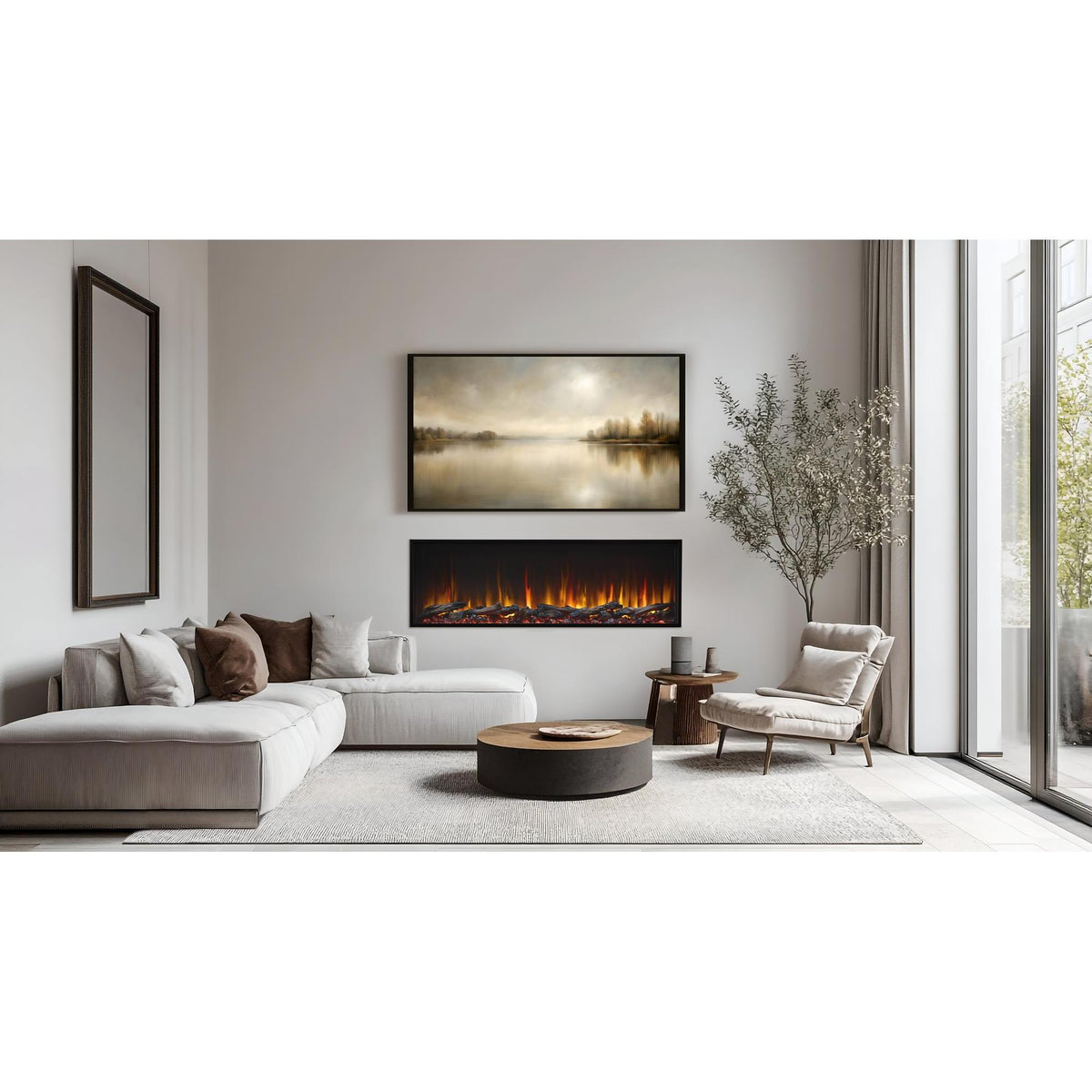 Scion 55: SimpliFire 55" linear electric fireplace in a modern living room.; optional accessories and room finishes may be shown and are separately selected.