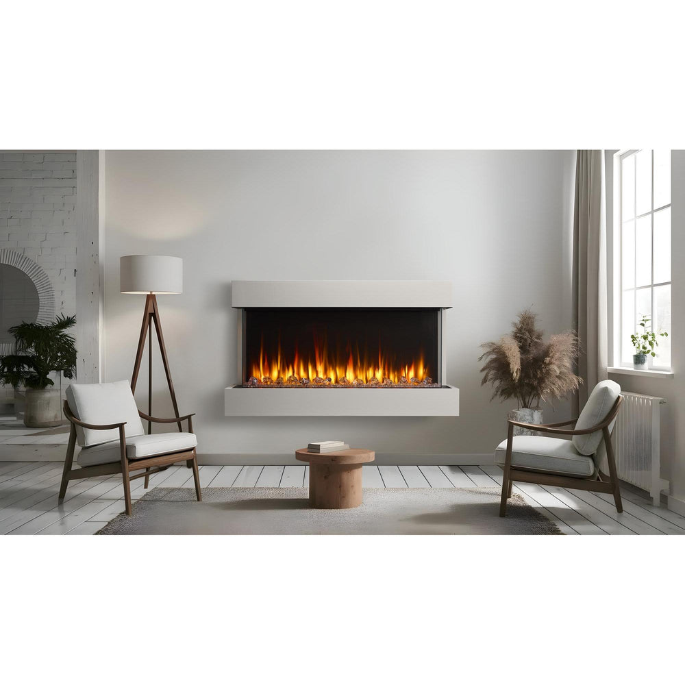 Triton 50: SimpliFire Triton 50" electric fireplace with floating mantel and clear crystal spheres; optional accessories and room finishes may be shown and are separately selected.