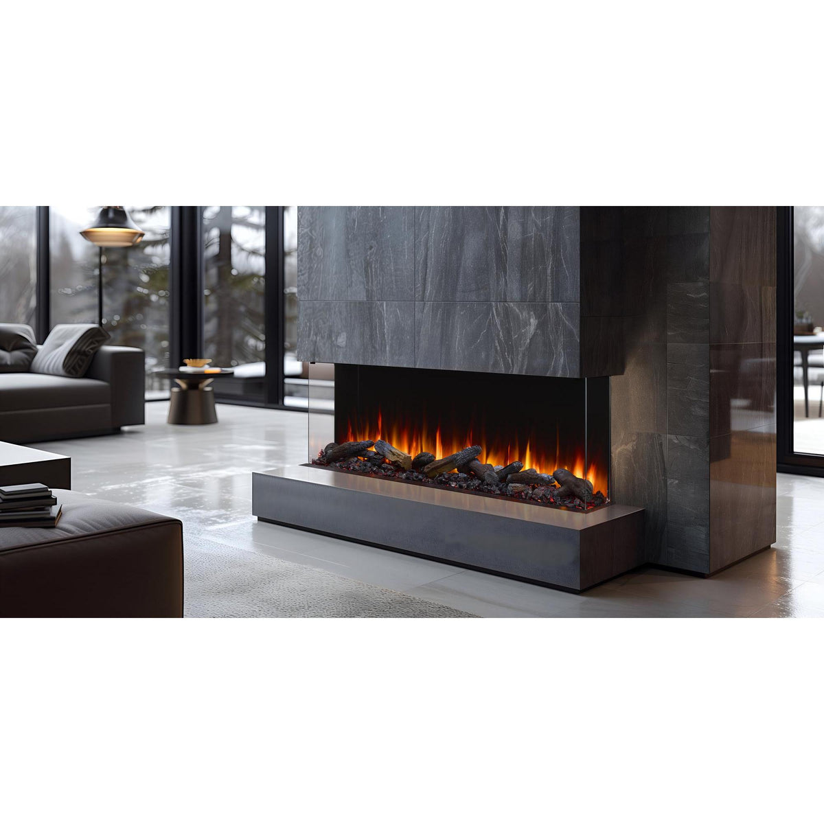 Triton 65: SimpliFire Triton 65" Bay fireplace; optional accessories and room finishes may be shown and are separately selected.