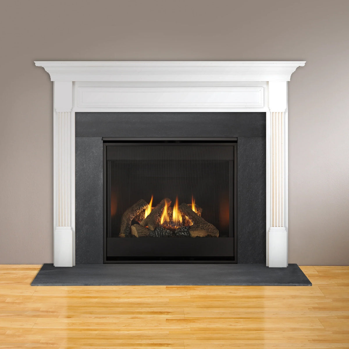 HHT DV3732 series manufacturer photograph for DV3732L-B; mantel, stone surround and optional trim are separate; flame appearance varies with fuel