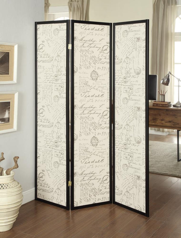 3-panel French Script Print Folding Screen - Beige-Washburn's Home Furnishings