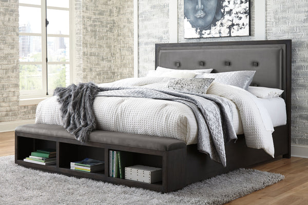 Hyndell - Dark Brown - King Upholstered Panel Bed With Storage-Washburn's Home Furnishings