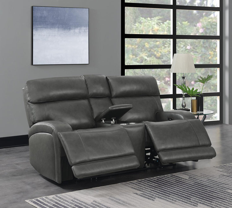 Longport Upholstered Power Loveseat With Console - Grain Leather - Charcoal-Washburn's Home Furnishings