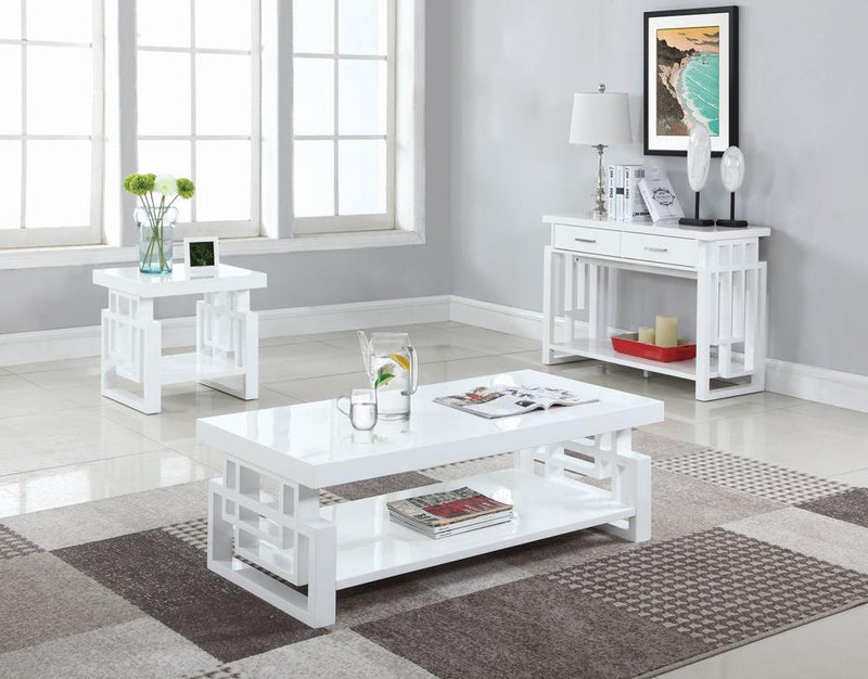 Rectangular Coffee Table With Geometric - Design - White-Washburn's Home Furnishings